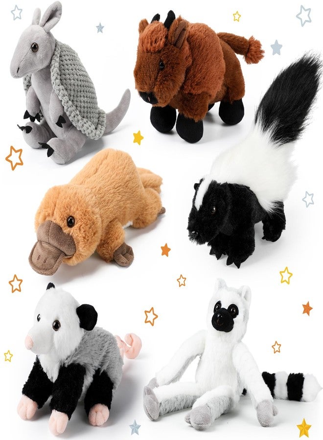 Jenaai 6 Pcs Safari Stuffed Animals Bulk 10 Inch Zoo Wild Plush Toys Set Armadillo Opossum Skunk Bison Lemur Stuffed Animals Valentines Day Gifts for School Classroom Students Prizes - Image 1